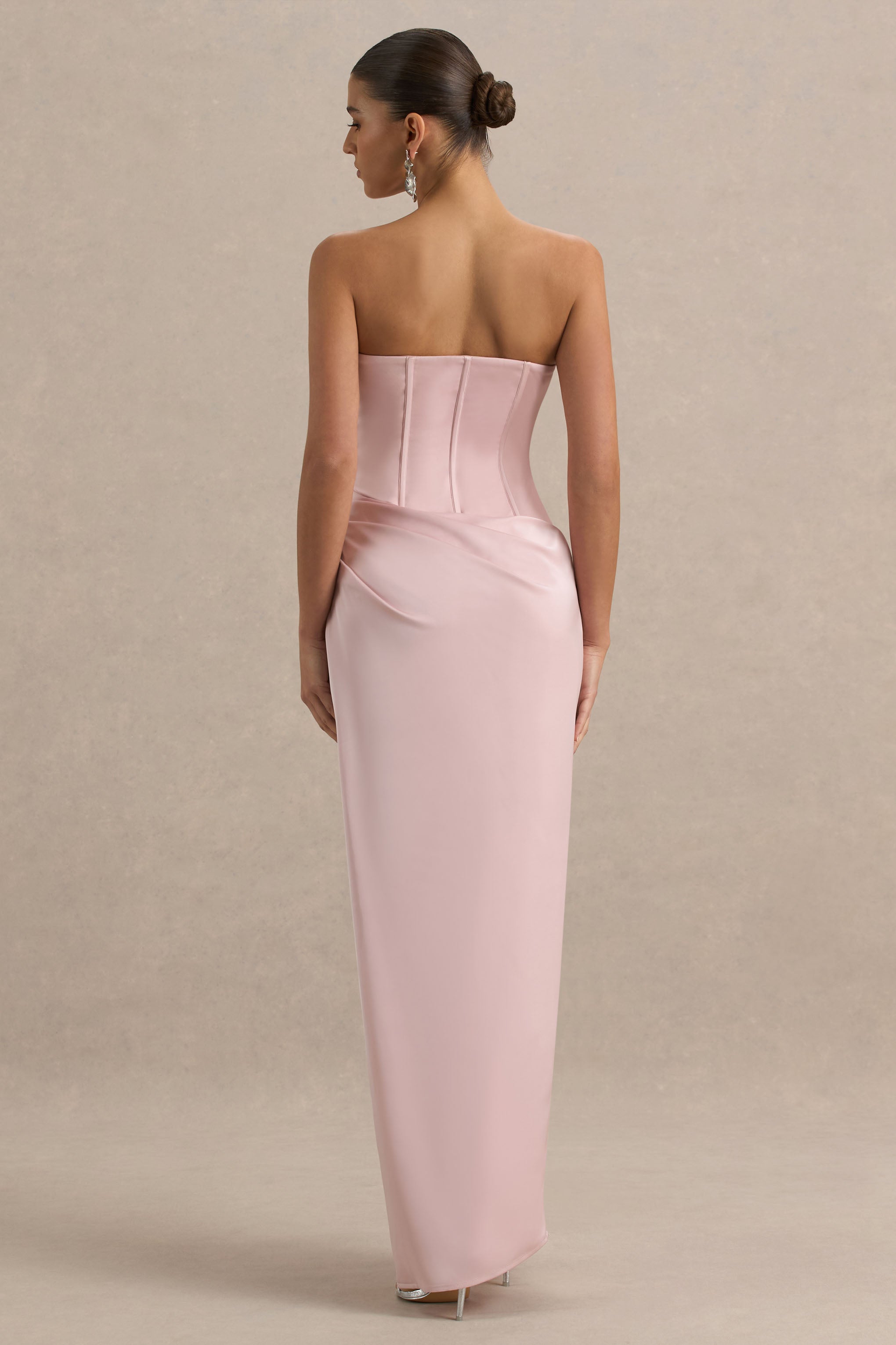 Joseline | Pale Pink Satin Corset Wrap Maxi Dress With Scarf