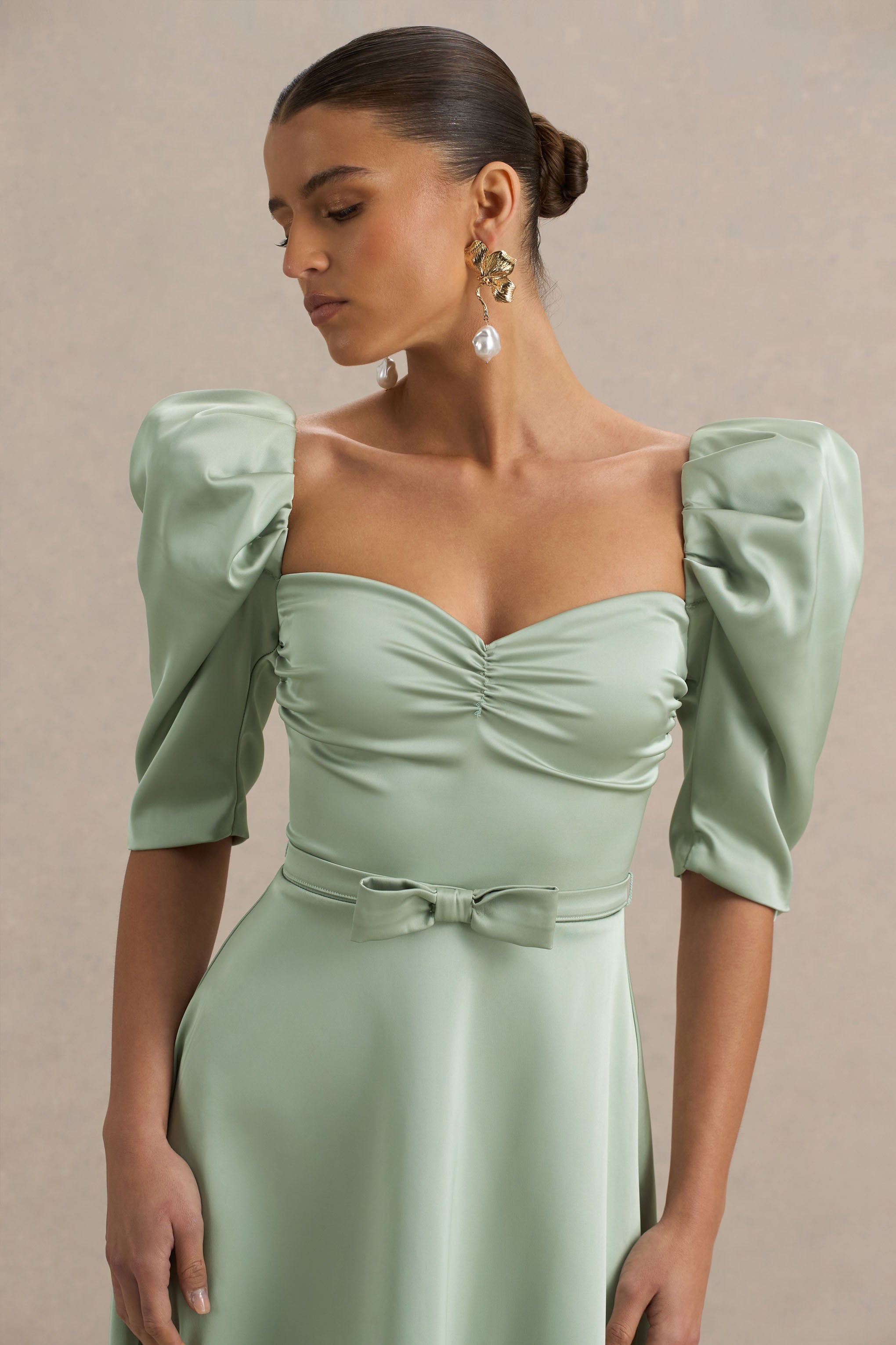 Rosey | Green Satin Sweetheart Midi Dress