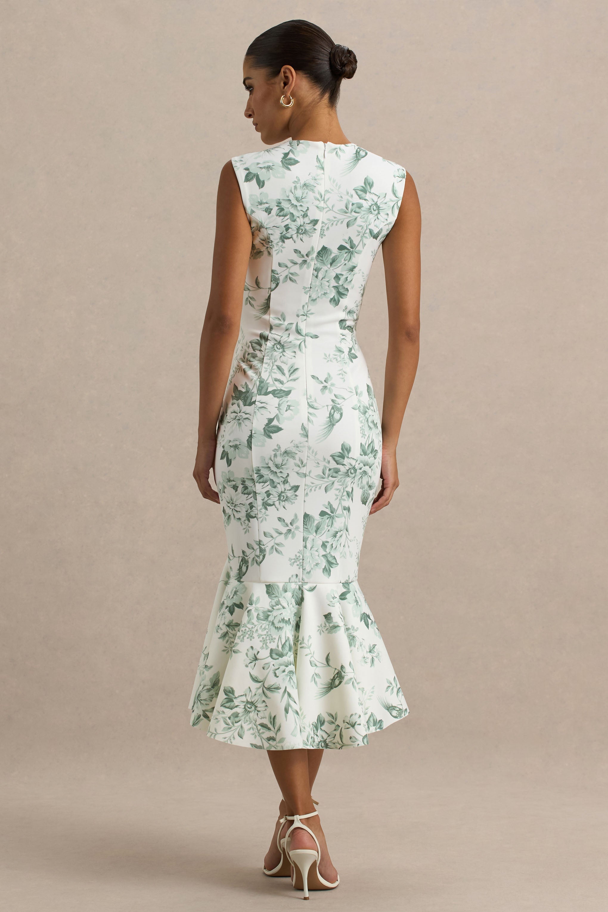 Priceless | Green Porcelain Print Print High-Neck Fishtail Midi Dress