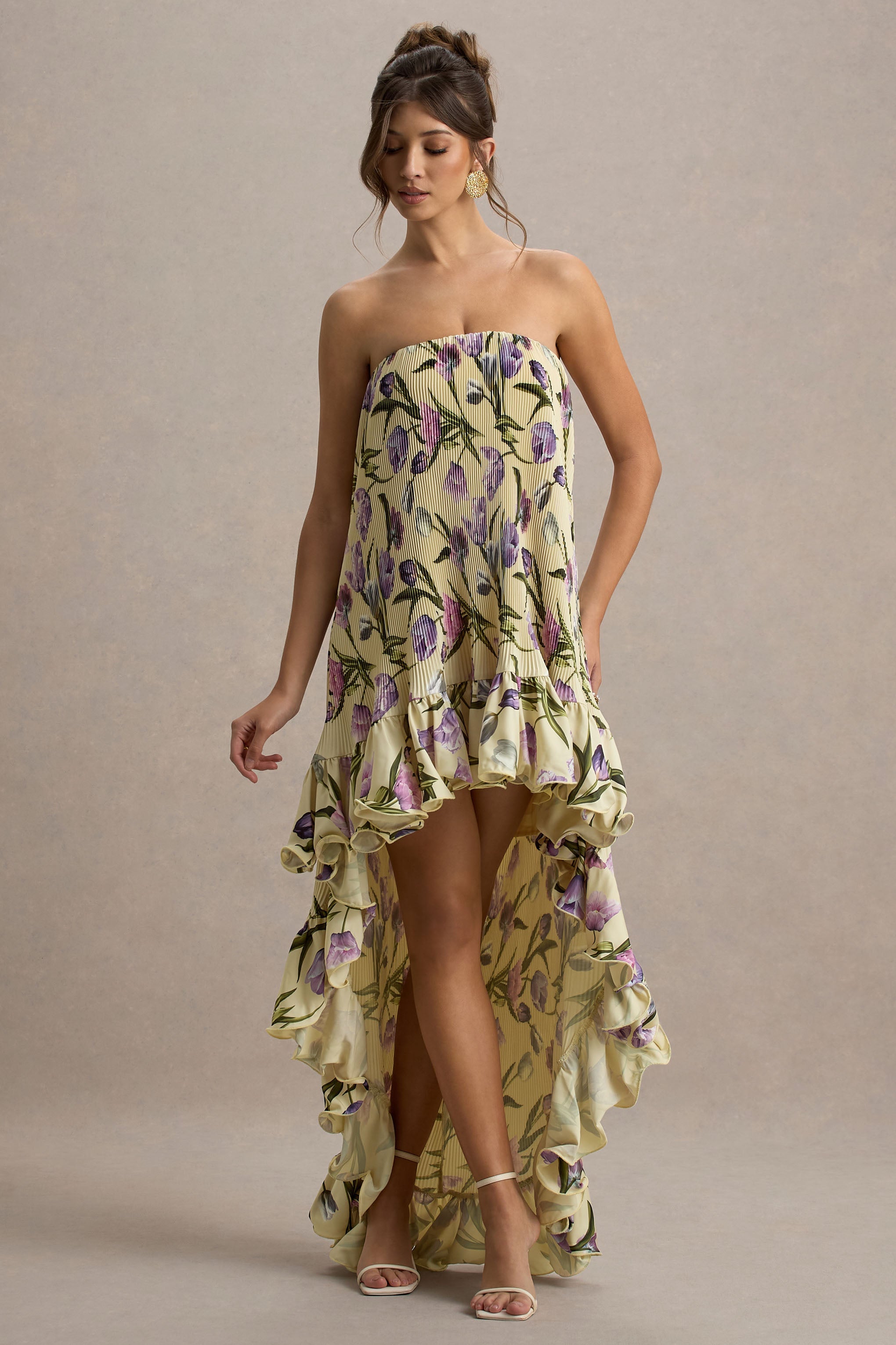 Whistler | Tulip Floral Print Chiffon Bandeau High-Low Ruffled Maxi Dress