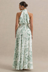 Talia | Green Floral Print High-Neck Maxi Dress With Front High Split