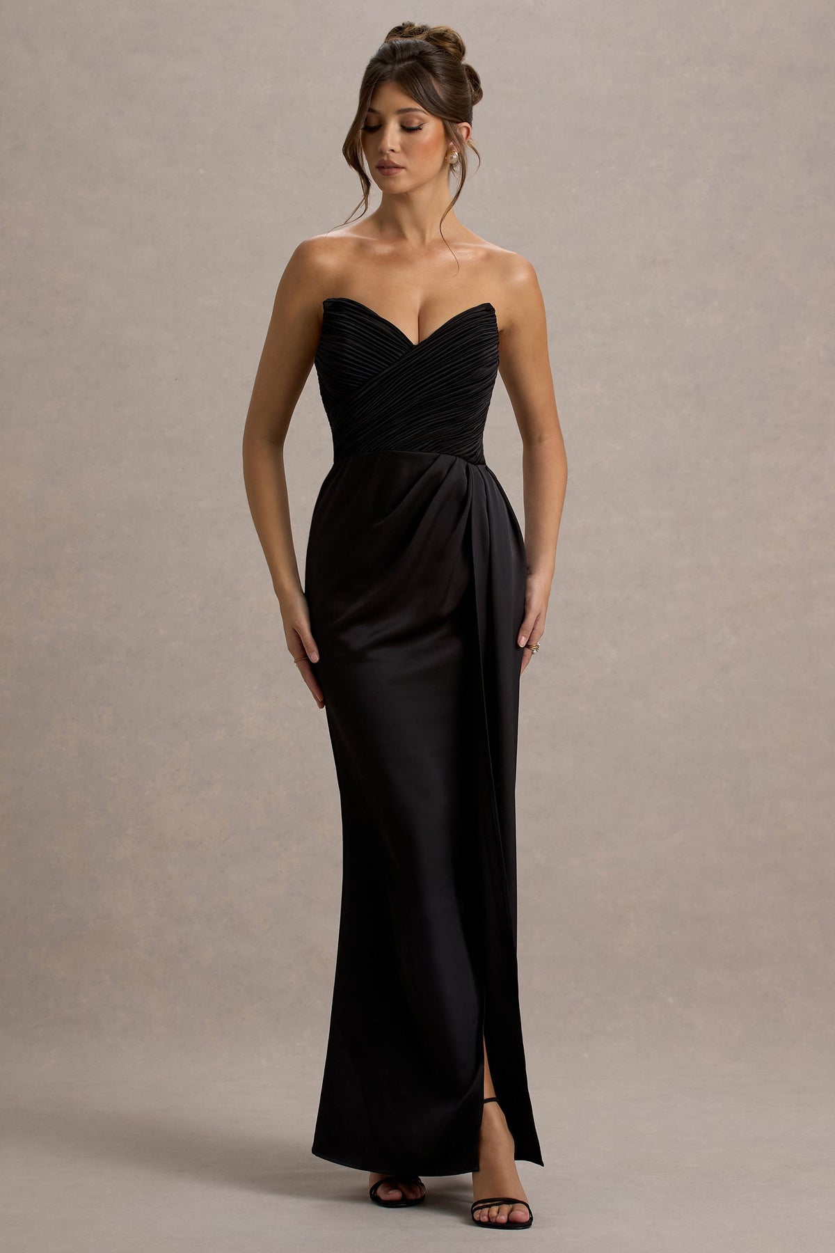 Edel | Black Satin Strapless Maxi Dress With Drape