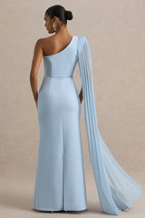 Athens | Powder Blue Asymmetric-Neck Maxi Dress With Cape Sleeve Detail