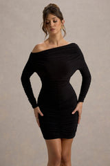 Zhara | Black Ruched One-Shoulder Bodycon Mini Dress