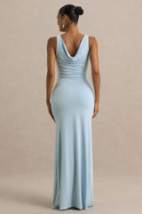 Pure Affection | Powder Blue Cowl-Neck Maxi Dress With Ruched Detailing And Front High Split