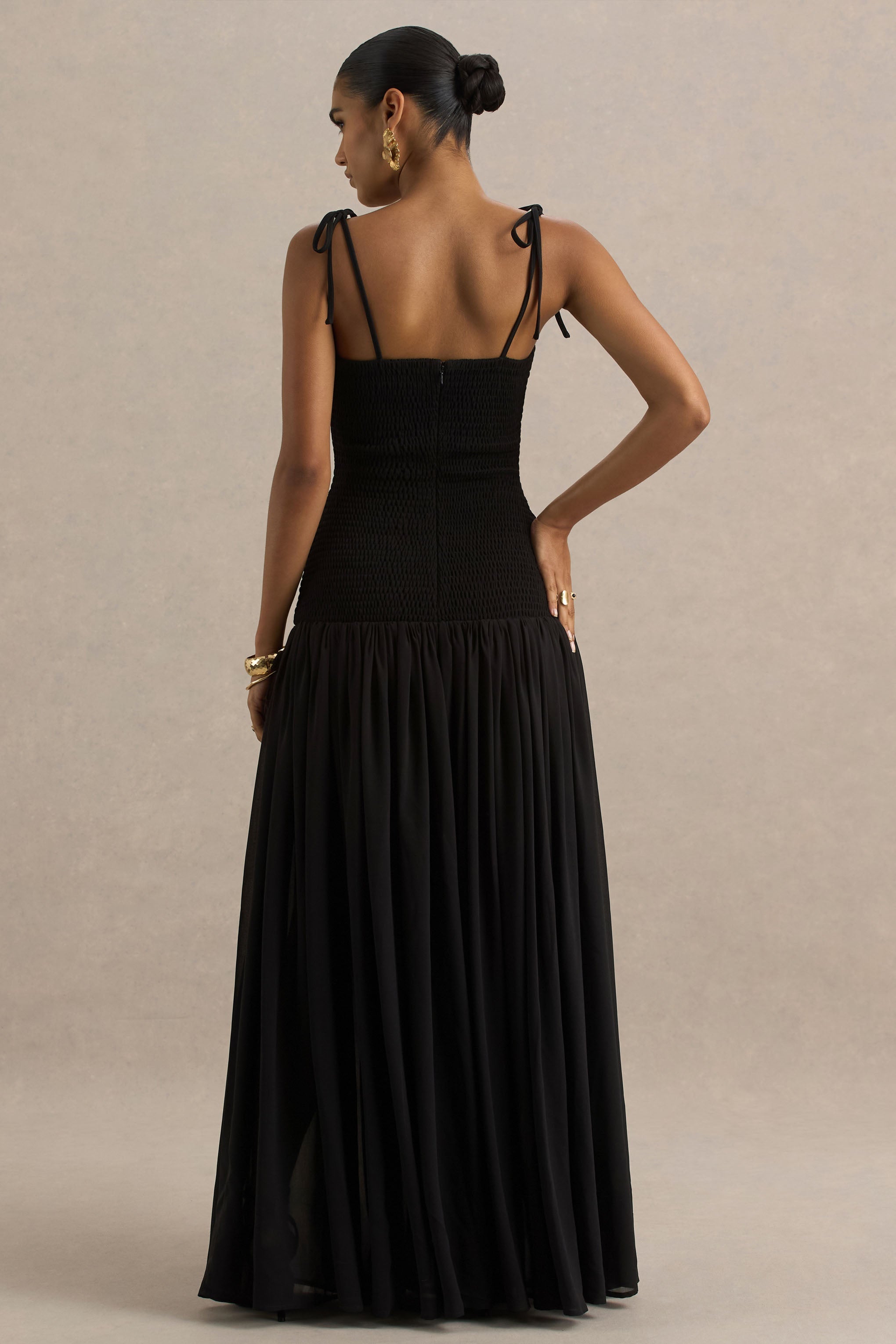 Maeva | Black Square-Neck Fishtail Maxi Dress With Ruched Detailing