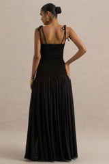 Maeva | Black Square-Neck Fishtail Maxi Dress With Ruched Detailing