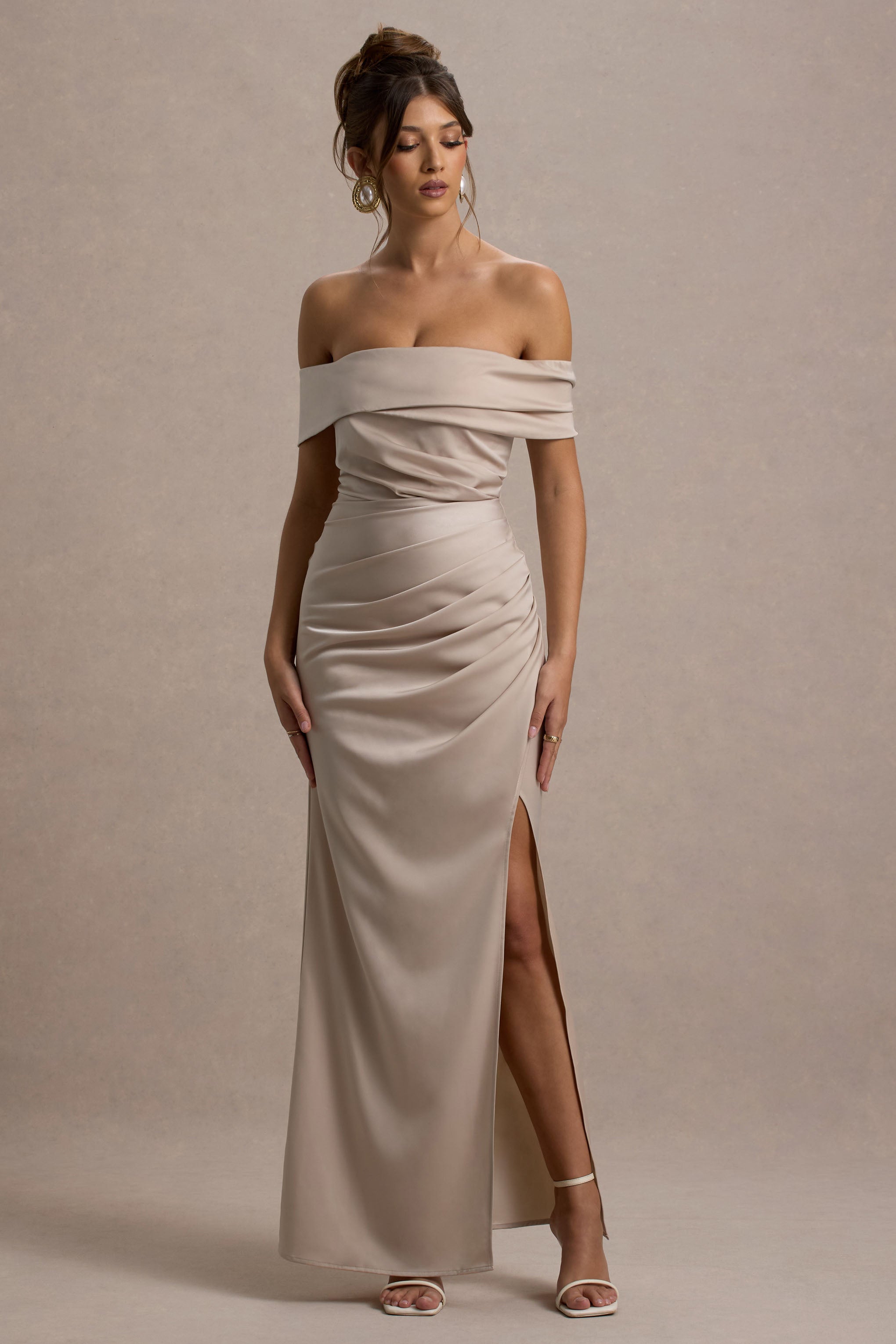 Martine | Champagne Satin Bardot Wrap Maxi Dress