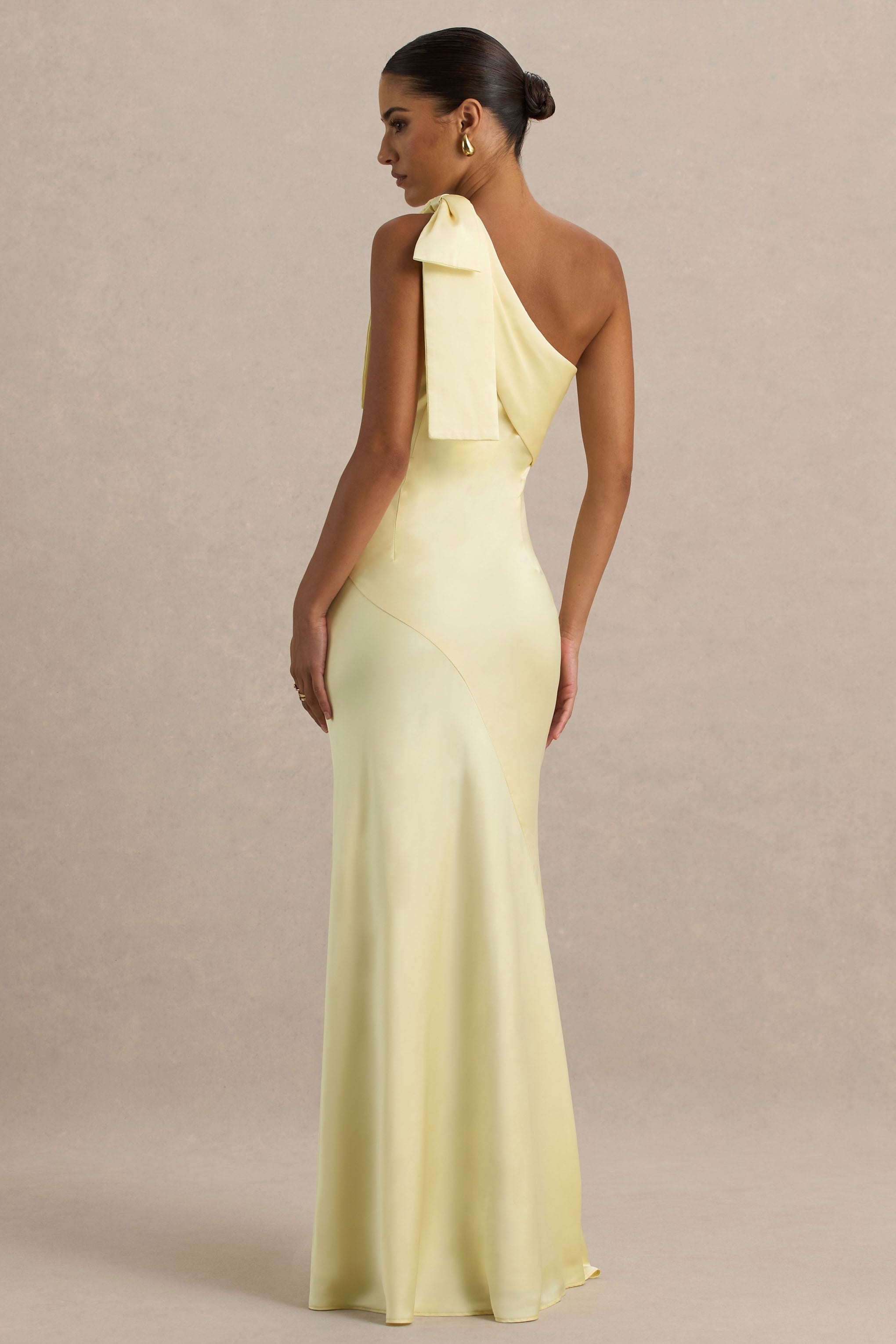 Valerie | Lemon Satin Asymmetric-Neck Maxi Dress With Bow Detail