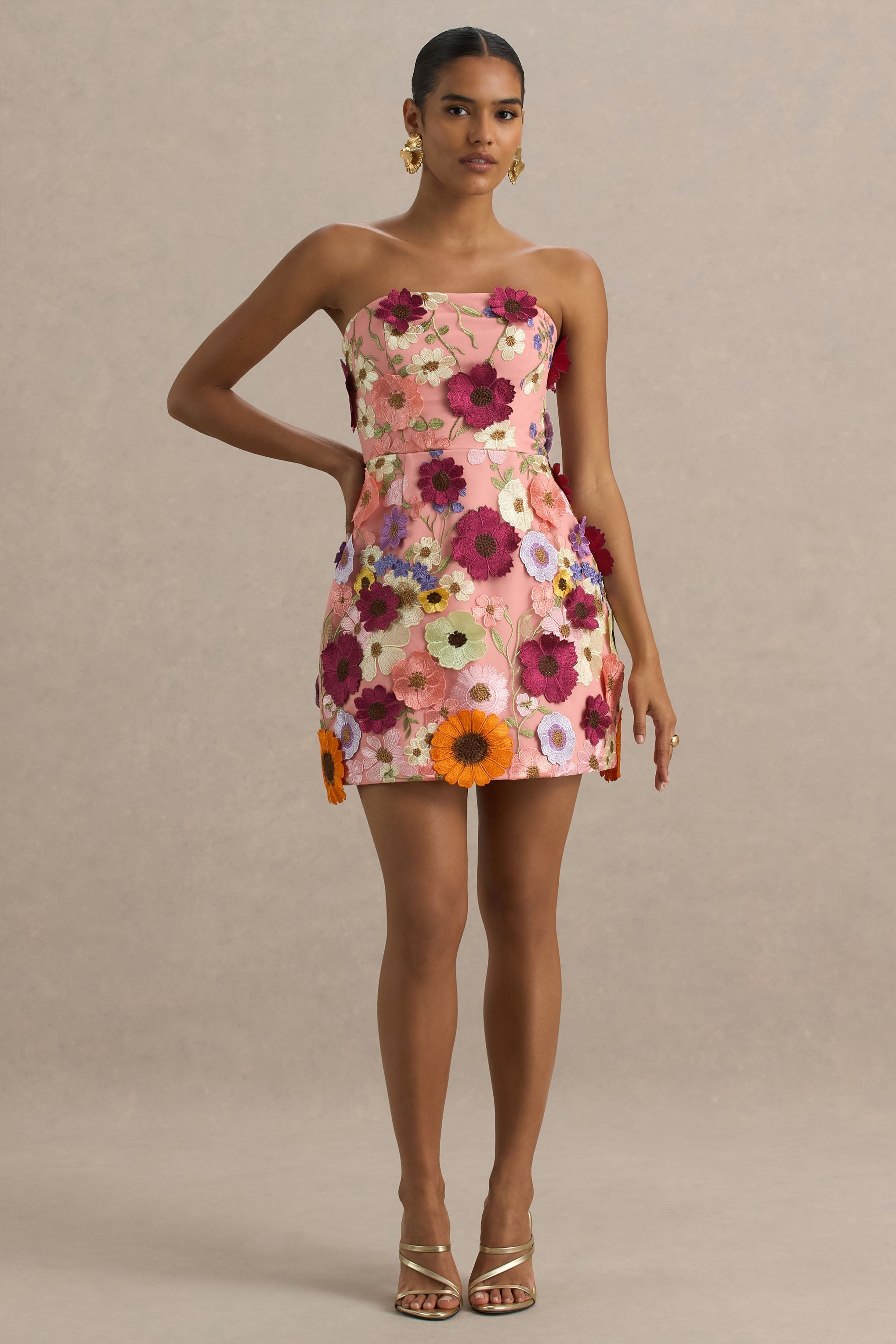 Kristen | Pink Floral Bandeau-Neck Mini Dress