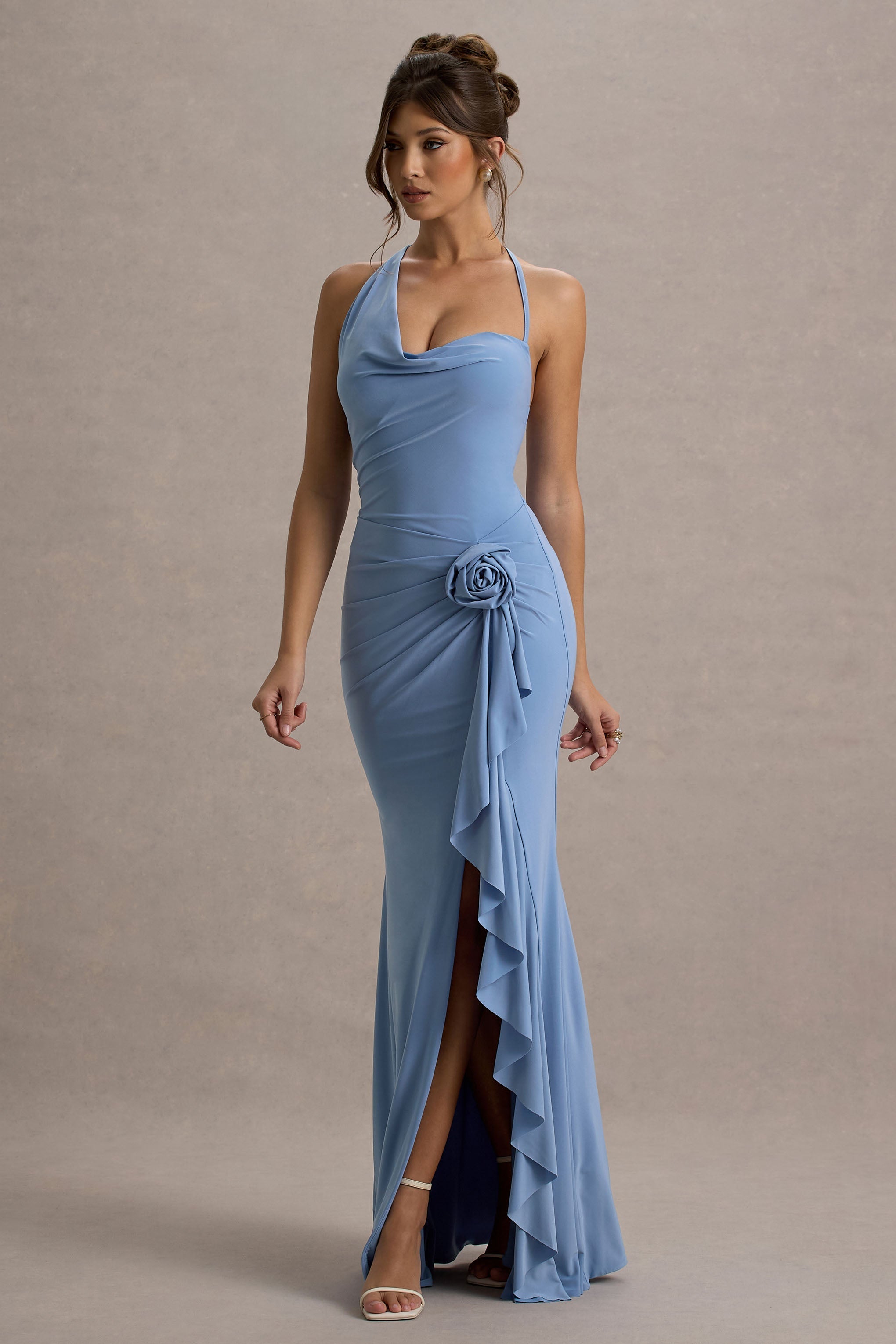 Lucena | Powder Blue Cowl-Neck Wrap Maxi Dress With Floral Drape