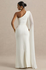 Athens | White Asymmetric-Neck Maxi Dress With Cape Sleeve Detail