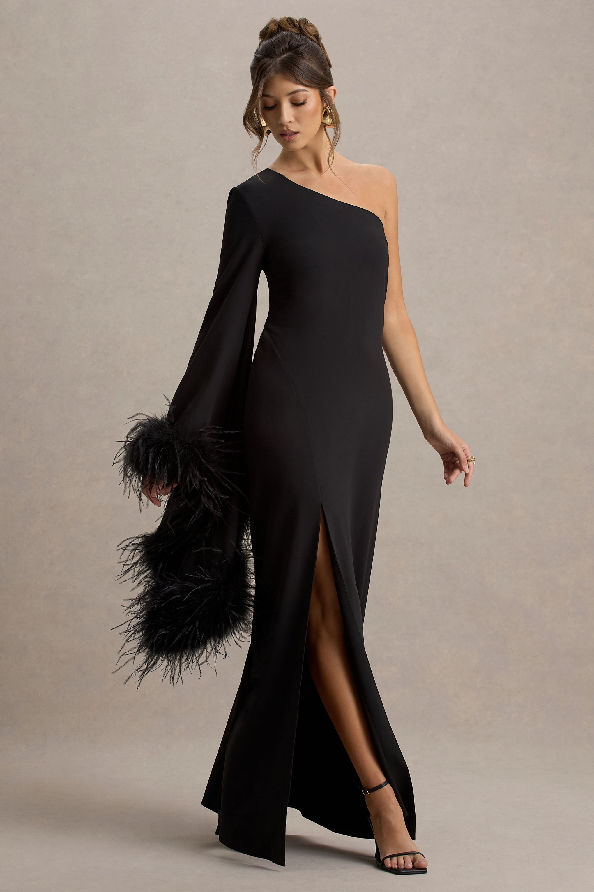 Armina | Black One-Shoulder Feather-Trim Maxi Dress